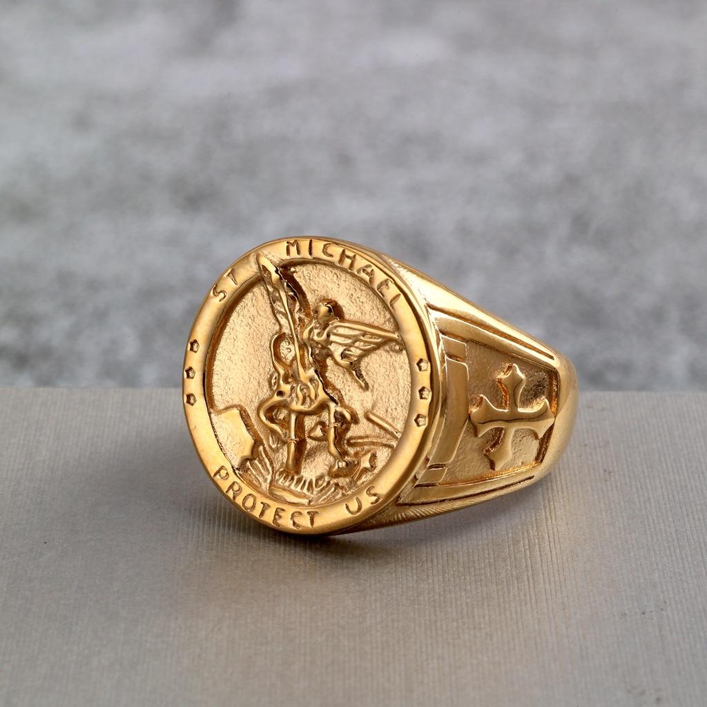 Vintage Titanium Steel Ring Archangel St. Michael's Dragon Slayer Ring Men's Stainless Steel Jewelry