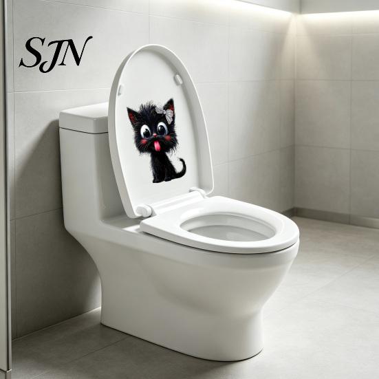 Süße Haustier-Themen Badezimmerdeko Halloween Zunge Raus Schwarze Katze Toilettendeckel Aufkleber, Cartoon Kätzchen Kreative Heimgeschenke Aufkleber, Wasserdicht