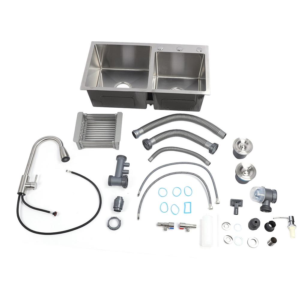 Drop in Kitchen Sink Kit 304 Stainless Steel Pull Out Faucet 3 Hole Double Bowl Sink with Drain
