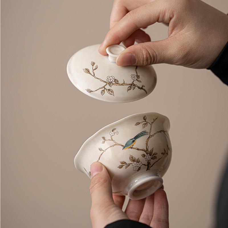 100ml Čínský ručně malovaný květinový a ptačí keramický gaiwan, ručně vyráběná porcelánová čajová miska, domácí čajová miska, cestovní přenosná čajová souprava