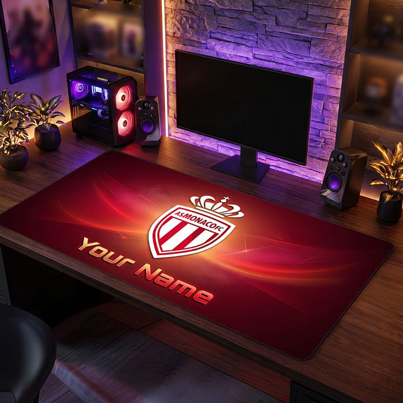 Monaco FC Custom Large Mouse Pad, Personalized Name Text Print, Football Logo Non‑Slip Desk Mat Gaming Gift