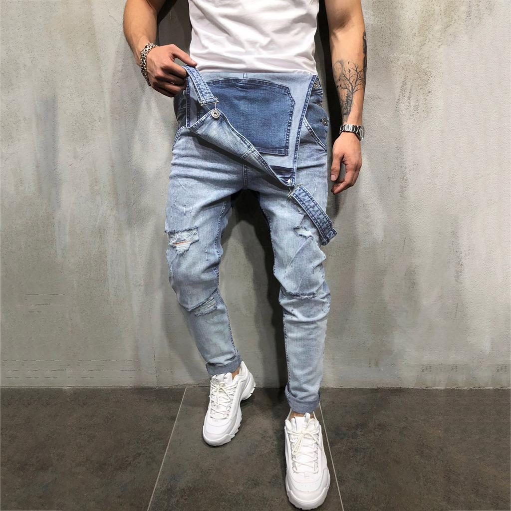 Mens Washed Denim Bib Jeans Overalls Casual Ripped Denim Jumpsuits Rompers