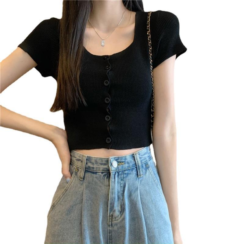 Sommer Neu Süß und Würzig Quadratischer Kragen Einreihig Bauchnabel Kurz Kurzarm Strickware mit T-Shirt Top Damen