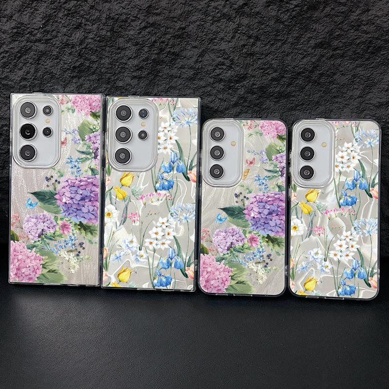 Motif Floral Plume Pailleté Étui de Téléphone Slim Pour Samsung S25 Ultra S24 FE S23 A56 A36 A16 A55 TPU Antichoc Bord Souple Paillettes Coque Arrière Rigide en PC