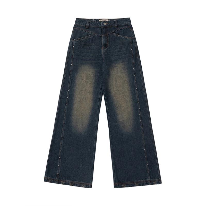 American trendy brand wide-leg jeans, rivet design sense, retro washed loose straight trousers XS синий