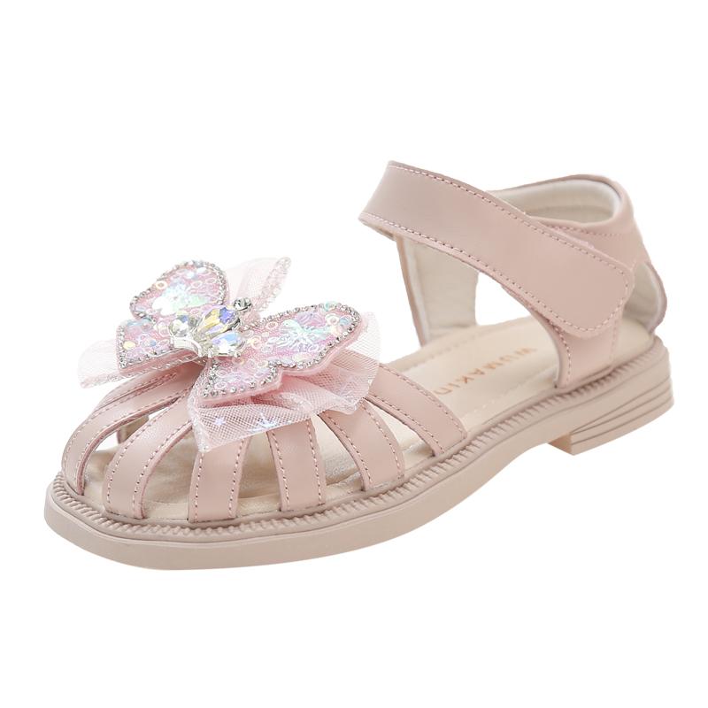 Girls Hollow Toes Capped Shoes Kids Rhinestone Beach Shoes Lace Mesh Summer Fashion Children Princess Sandals with Bow-knot