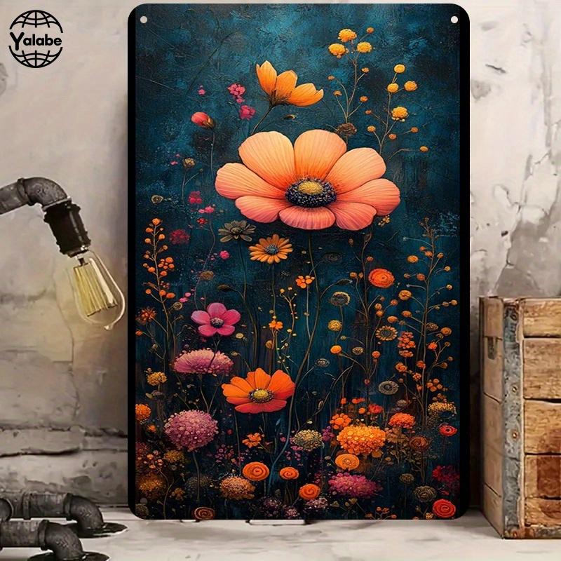 [2D Flat] Two-Piece Set of Vintage Floral Tin Paintings - Aesthetic Flower Patterns on a Dark Background, Nostalgic Metal Mural