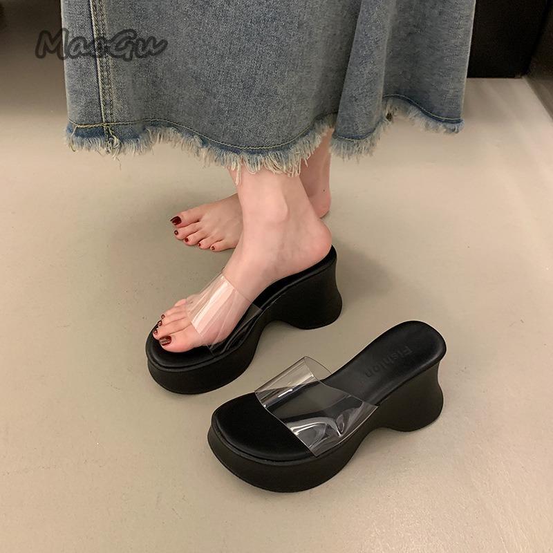 

Прозрачные ПВХ босоножки на массивном каблуке для женщин, босоножки на платформе с открытым носком, женские 2025 лето, шлепанцы на толстой подошве для пляжа 40 чёрный