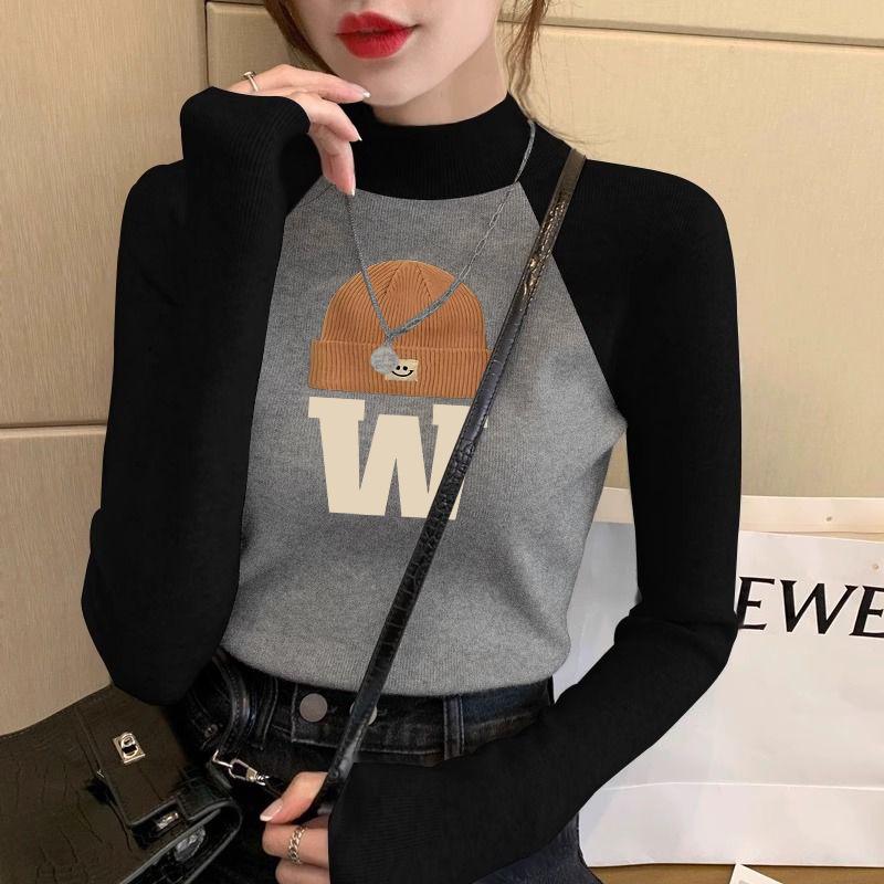

Stand-up Collar Velvet Color Block Raglan Slimming Women s Long Sleeve T-Shirt M (90-105 lbs recommended)