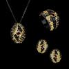 2026 European and American Retro Ethnic Style Hollow Leaves with Diamonds and Black Gold Three-piece Ring Necklace Ears