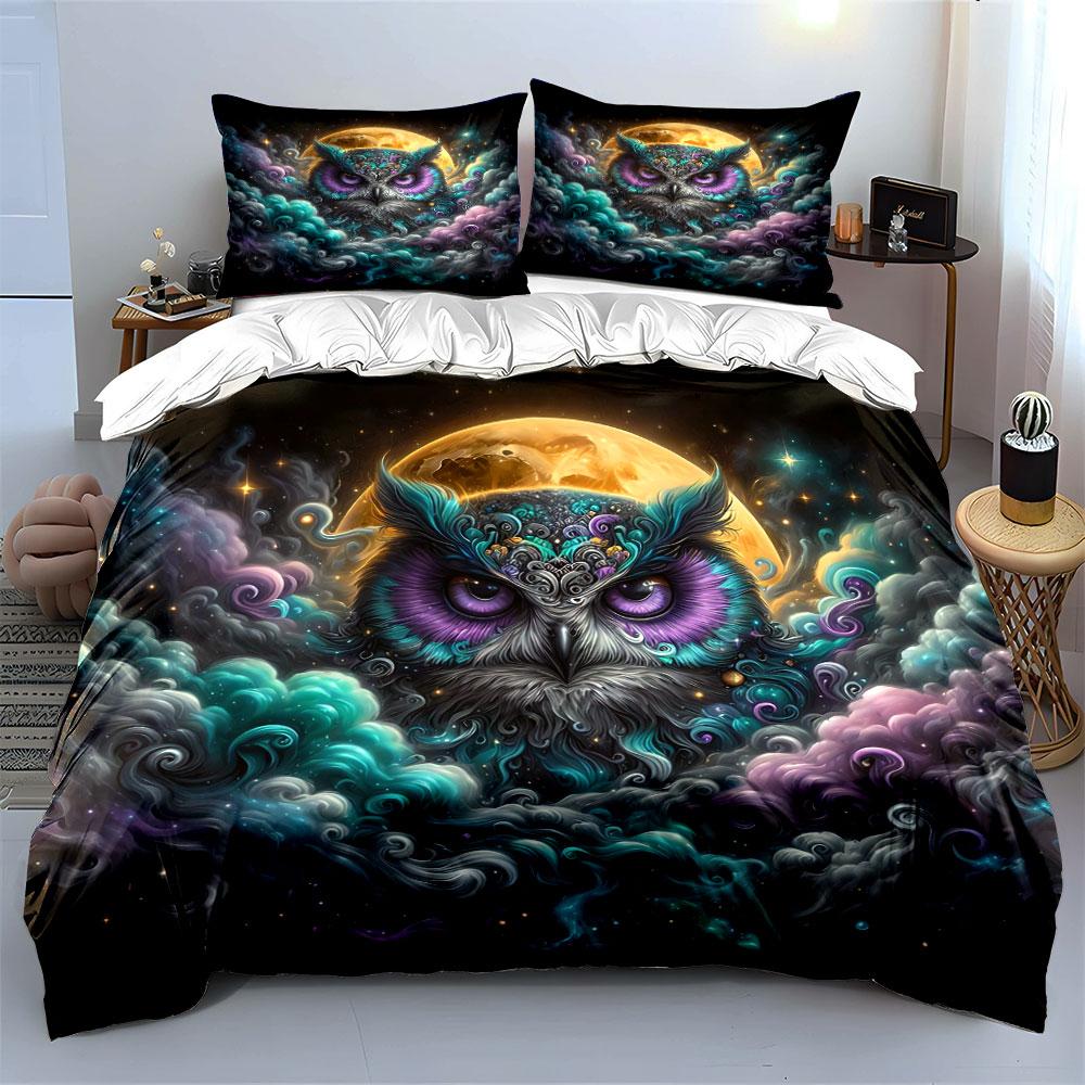 Mystical Owl Artwork Set Bedding Set with 1 Duvet Cover 2 Pillowcases Single Double King Queen, Gift