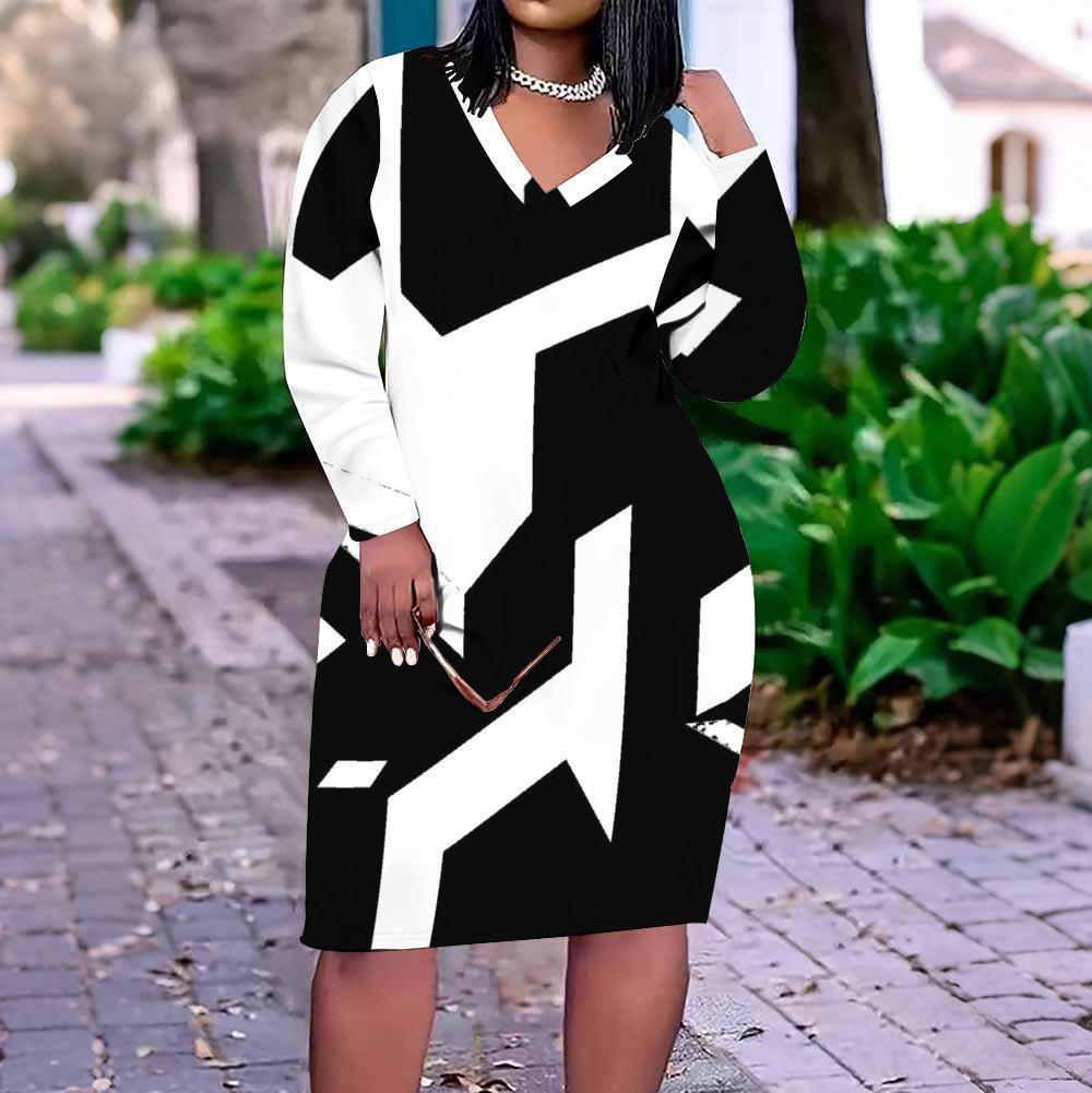 Women Plus Size V Neck Long Sleeve Black White Printed Fitted Straight Midi Dress