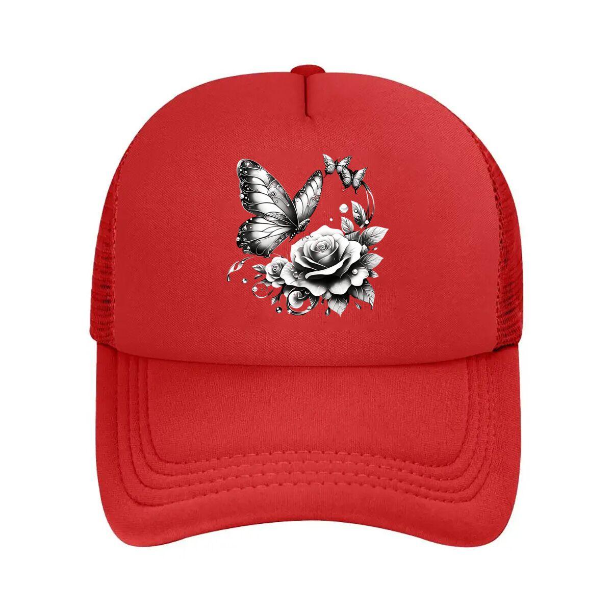 Intricate Black White Butterfly Rose Wall Decal Mesh Baseball Cap Hip Hop Adjustable