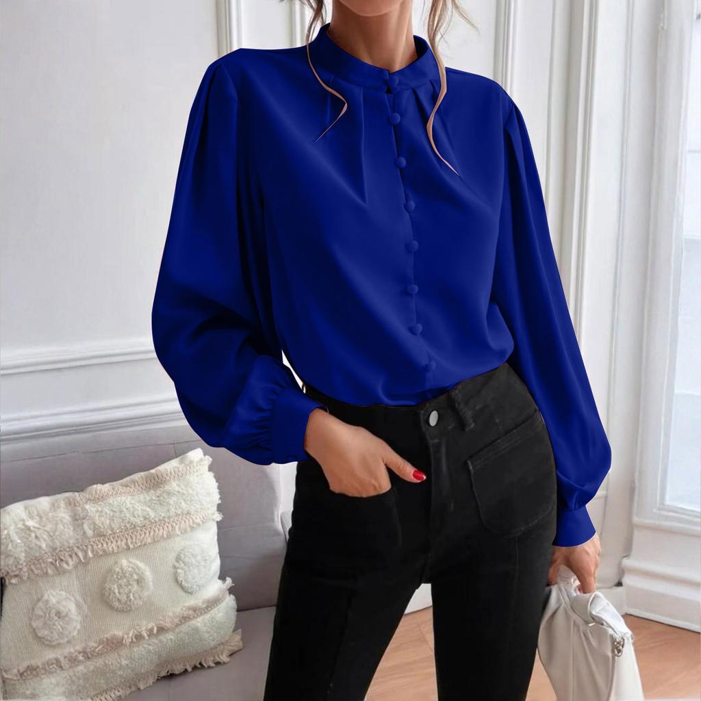 Ladies Elegant Solid Color Lapel Long Sleeve Single Breasted Loose Top