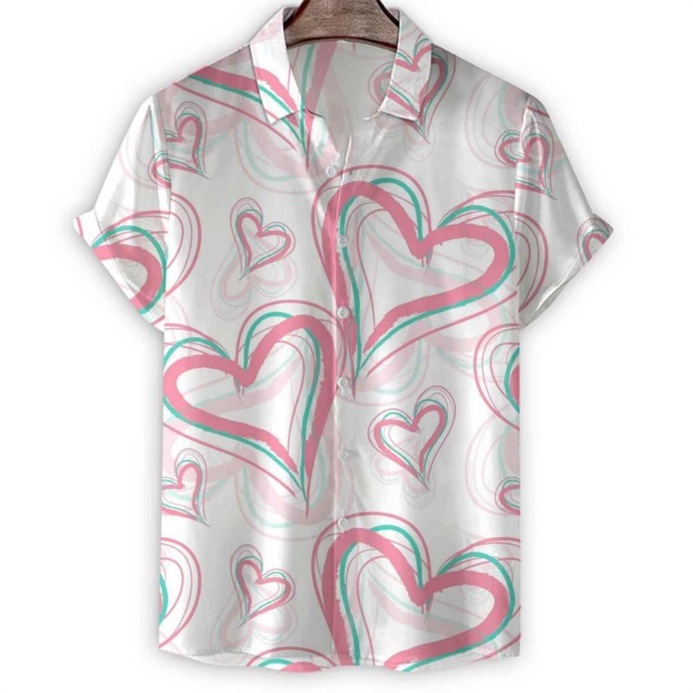 Cartoon 3d Print Love Heart Hawaiian Shirt Men Women Summer Short Sleeve Tees Lapel Button Shirts Tops Street Oversized Blouse