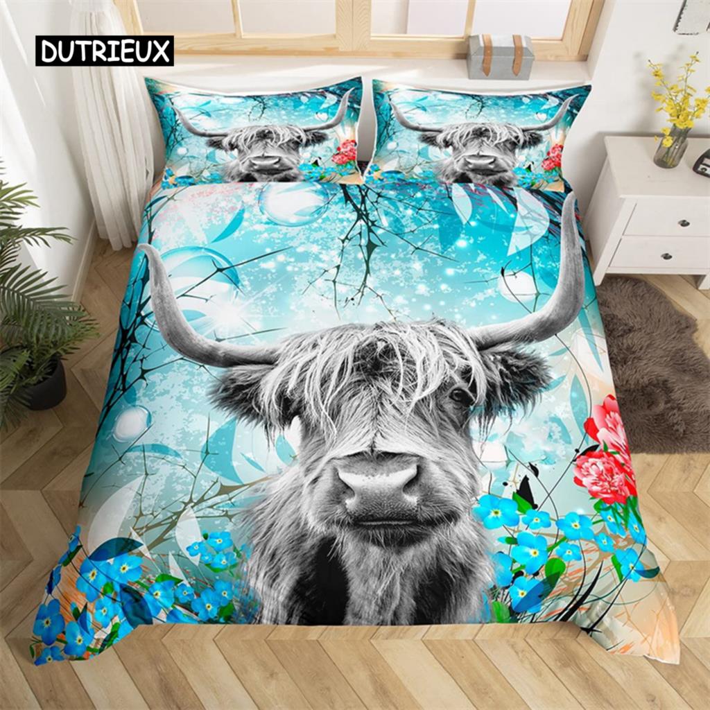 Highland Cow Bedding Set Polyester Bull Cattle Flowers Quilt Cover Western Wild Animal Duvet Cover Farmhouse Cow Bedspread Cover