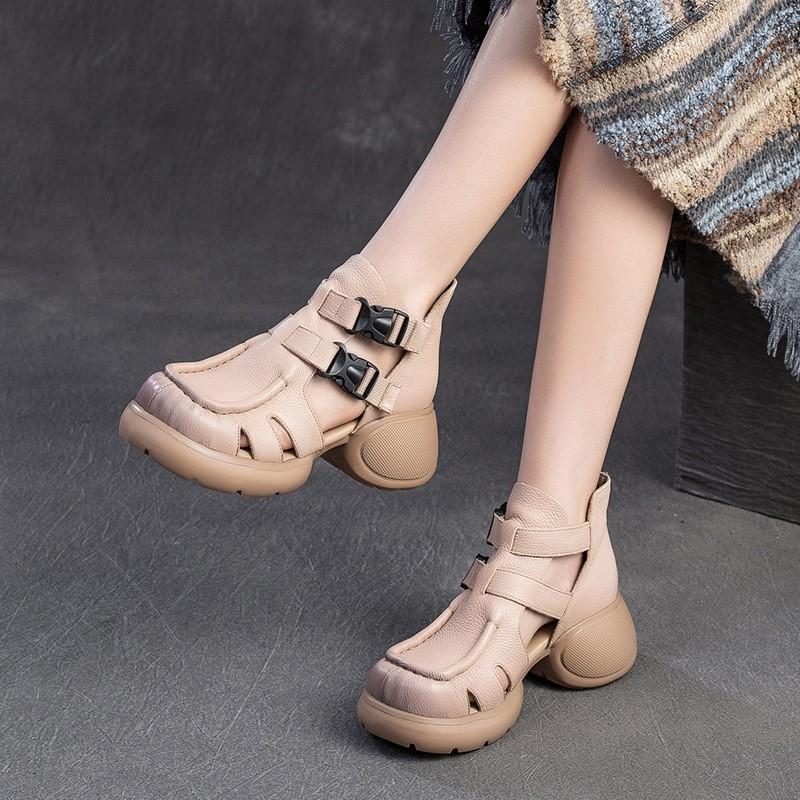 Johnature Retro Dickbesohlte Hohl Atmungsaktive Sandalen Echtes Leder Bequeme Vielseitige Damenschuhe