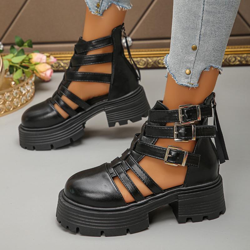 Hollow-out Breathable Wrapped Head Single Shoes Summer New Round Toe One-button Back Zip Platform Non-slip Block Heel Shoes 35 чёрный 3140₽