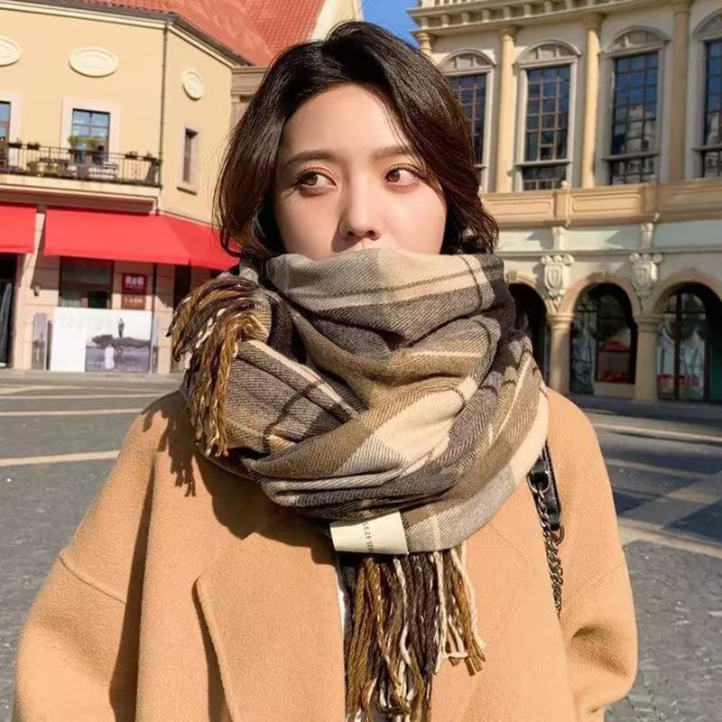 Autumn and Winter Scarves Women's Winter High-end Scarves Thickened and Warm Tonglu Imitation Cashmere Plaid Scarves
