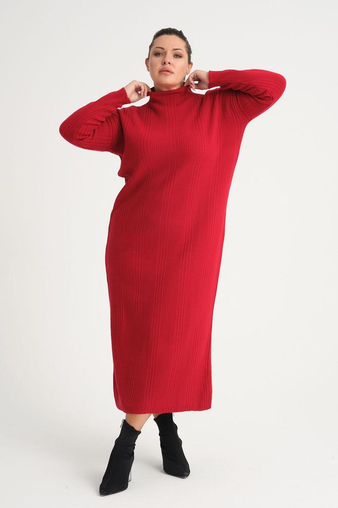 Damen Big Size Kleid Grün Halb Rollkragen Strickkleid Plus Size