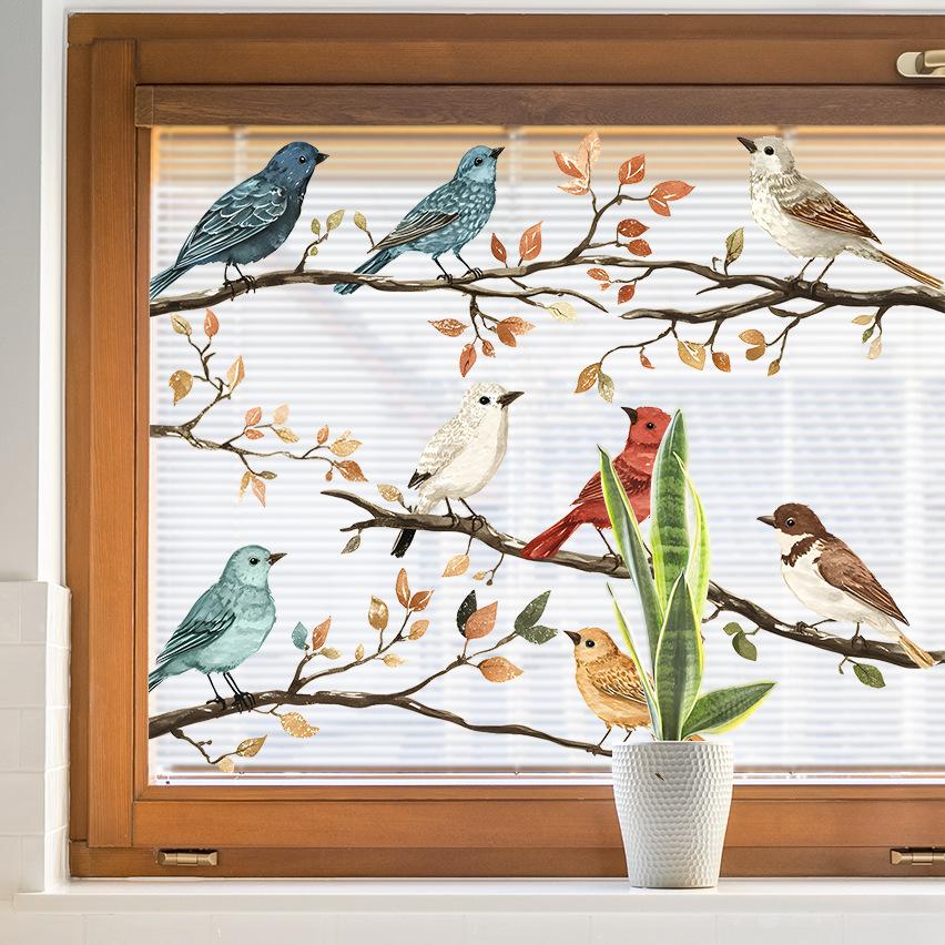 1Pc Watercolor Simulation Bird Branches Window Stickers Removable for Bedroom Living Room Decor Foyer Home Decoration Wall Decal