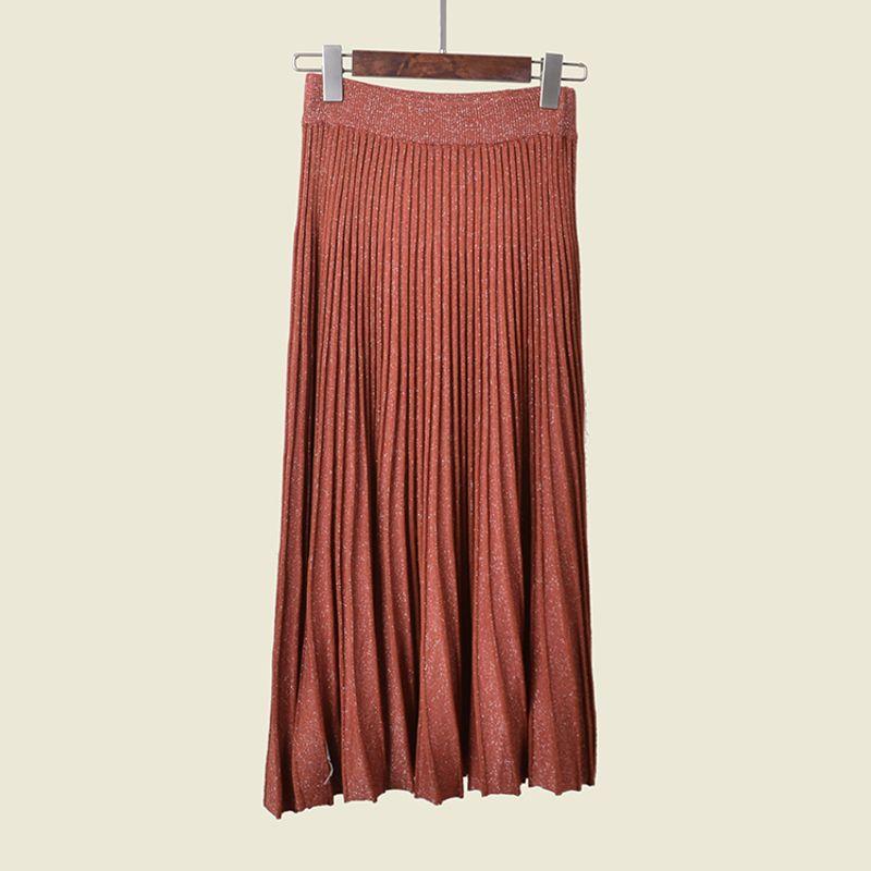

Minimalist Gold and Silver Silk Organ Ruched Long Elastic High Waist Knit Skirt Pleated Sweet A- line Skirt Brown S