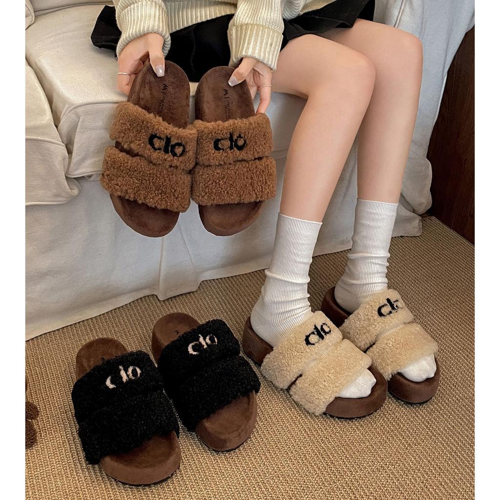 Retro black French thick-soled one-word fluffy slippers for women's outer wear 2025 new autumn heightening soft-soled cotton slippers