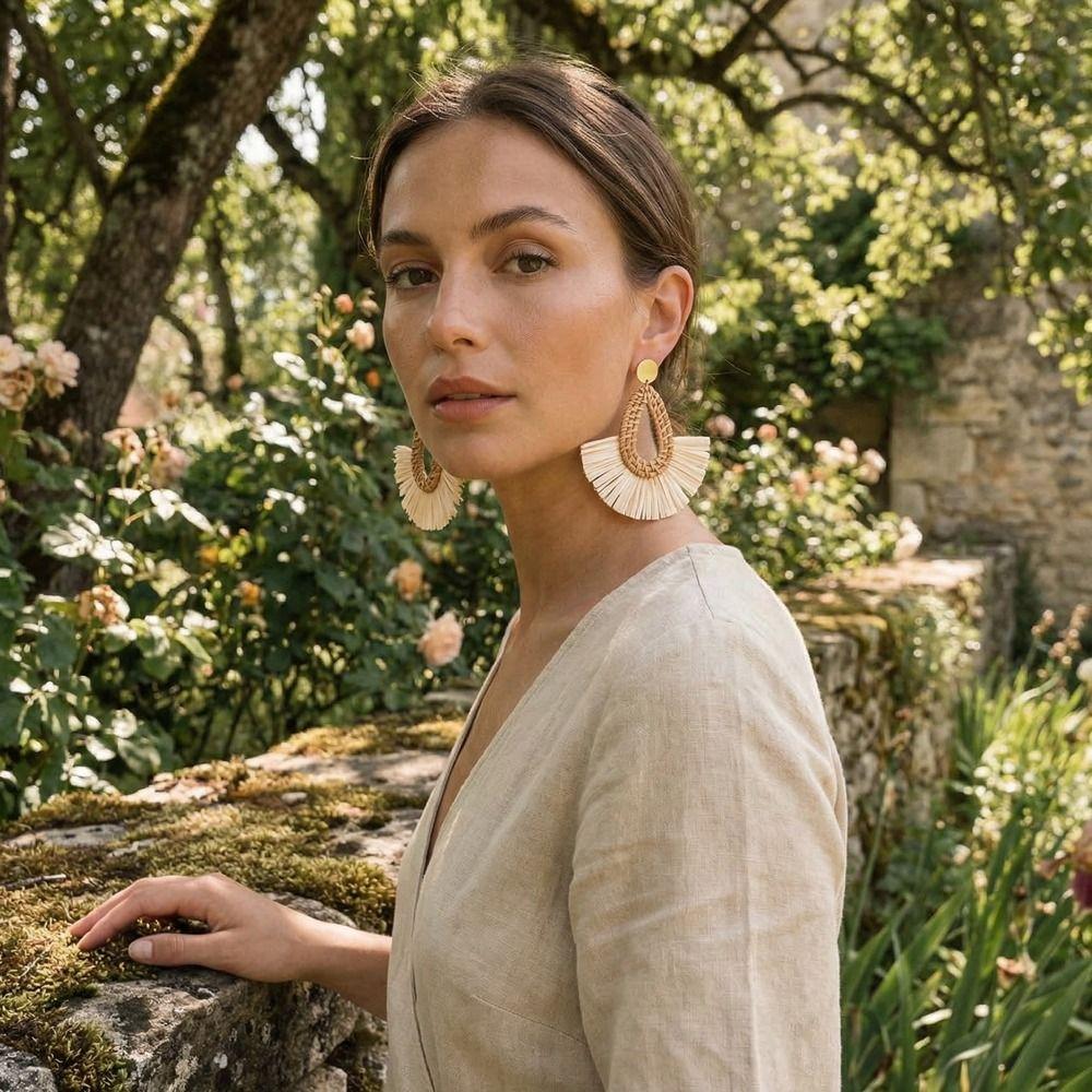 Round Rattan Weave Earrings Flower Beach Jewelry Cute Bohemian Drop Earrings  Wedding