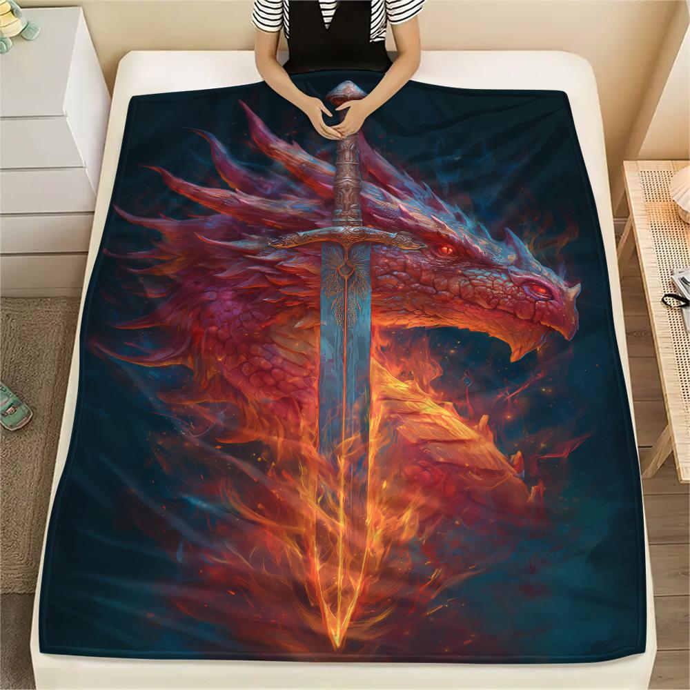 Sword and Dragon Print Flannel Blanket,High quality Comfortable for All Seasons,Home Decor,Warmth and Comfort,Perfect for Christmas Gifts