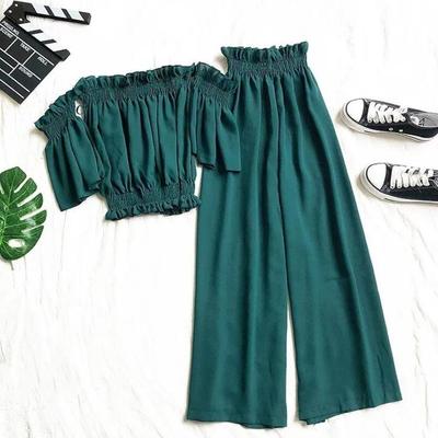 2-teiliger Damen-Sommeranzug, schulterfrei, kurze Ärmel, Bauchnabel, freiliegendes kurzes Oberteil, Blütenknospe, weites Bein, Hose, zweiteiliges Set, lässige Anzüge