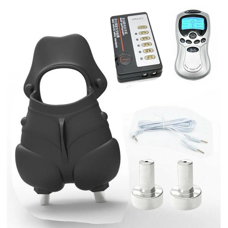 Manyjoy Second-generation Electro Shock TPR Cock Cage Penis Stimulate Ball Stretcher Scrotum Bondage Power Supply Bondage Male
