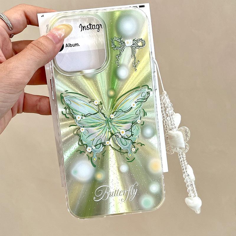 Niche Aurora Summer Green Butterfly Applicable To Apple 15 Women's IPhone 16 Mobile Case 13 Protective Case 14 Feather Yarn