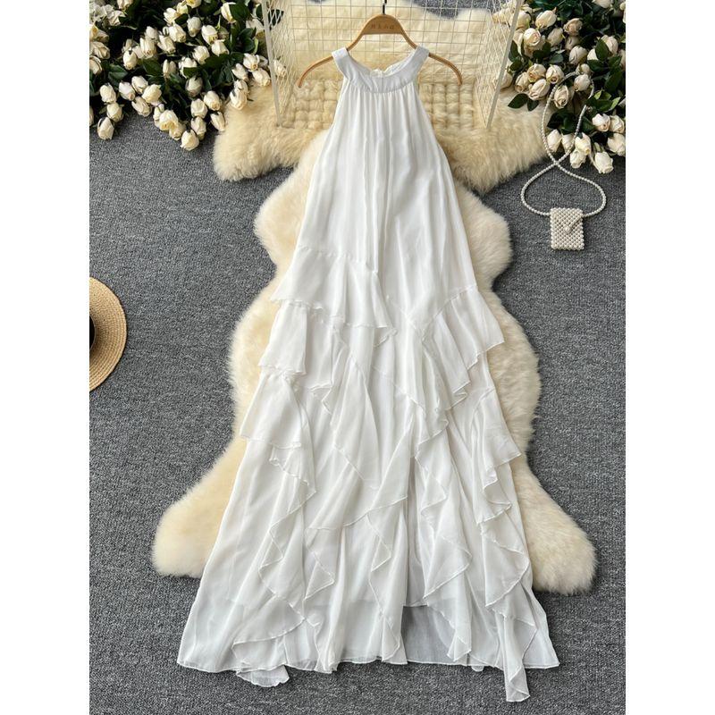 Seaside Holiday Dress Women's Pure Desire Atmosphere Halterneck Ruffles Chiffon Fairy Dress French Sleeveless Long Skirt