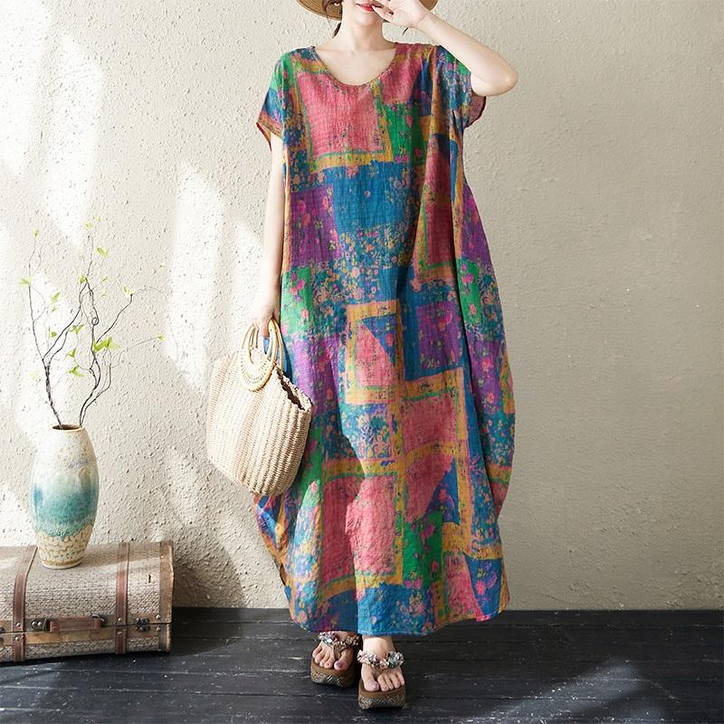 Kısa kollu Büyük beden Pamuklu vintage çiçekli yeni elbiseler kadınlar için rahat bol uzun yazlık elbise