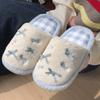 New fashionable contrasting color bow fluffy slippers autumn and winter indoor home velvet warm non-slip cotton slippers