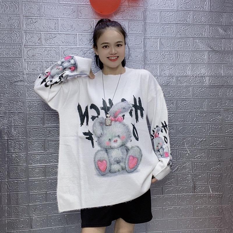 2025 Autumn/Winter Rhinestone Rabbit Cartoon Hoodie for Women - Loose Fit with Letter Detail