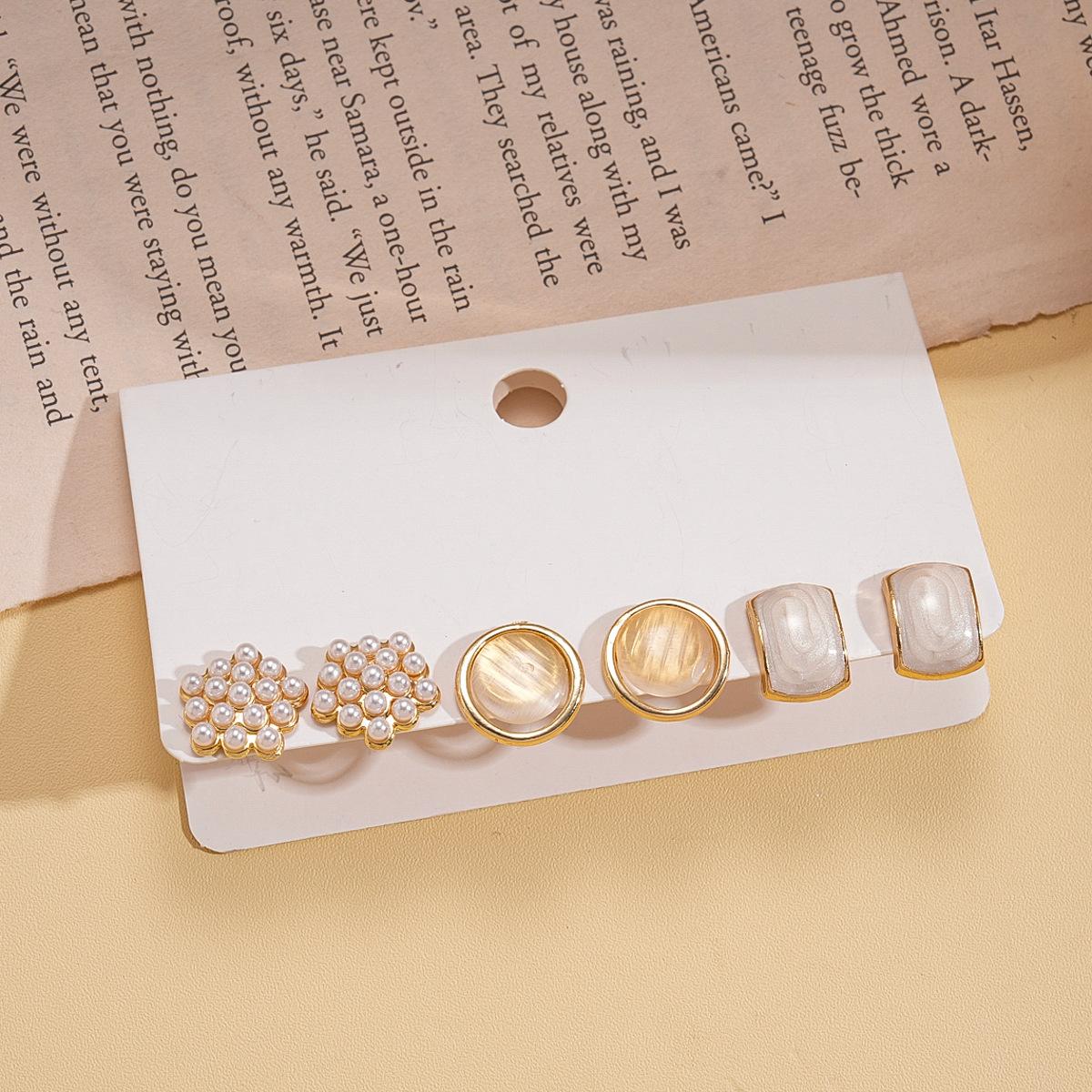 Six-piece set of imitation pearl opal dripping oil round silver needle stud earrings commuter temperament earrings