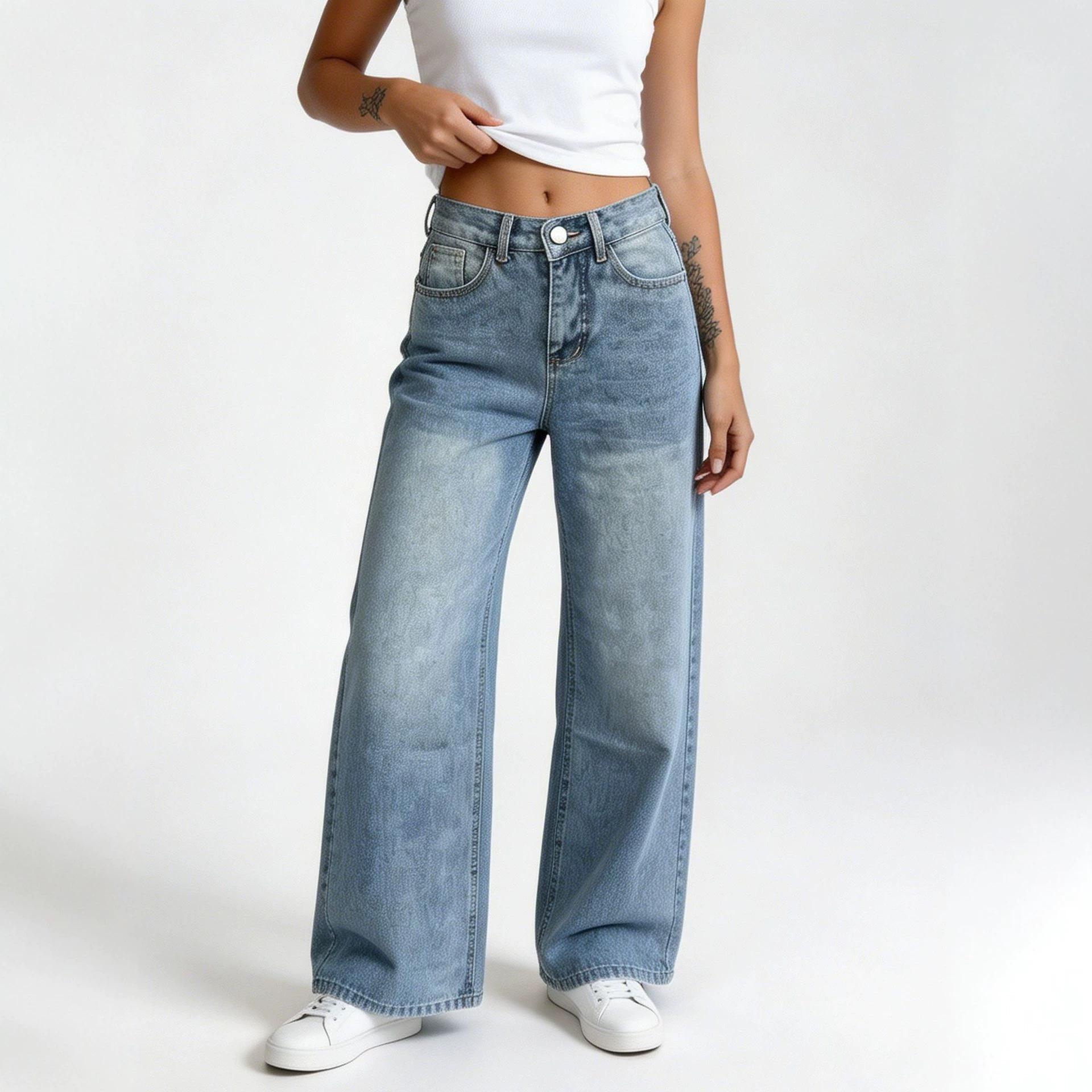 High Waisted Jeans for Women Straight Leg Stretchy Jeans Trendy Loose Wide Leg Denim Pants with Pockets Women s Comfort Stretch Baggy Denim Pants S синий