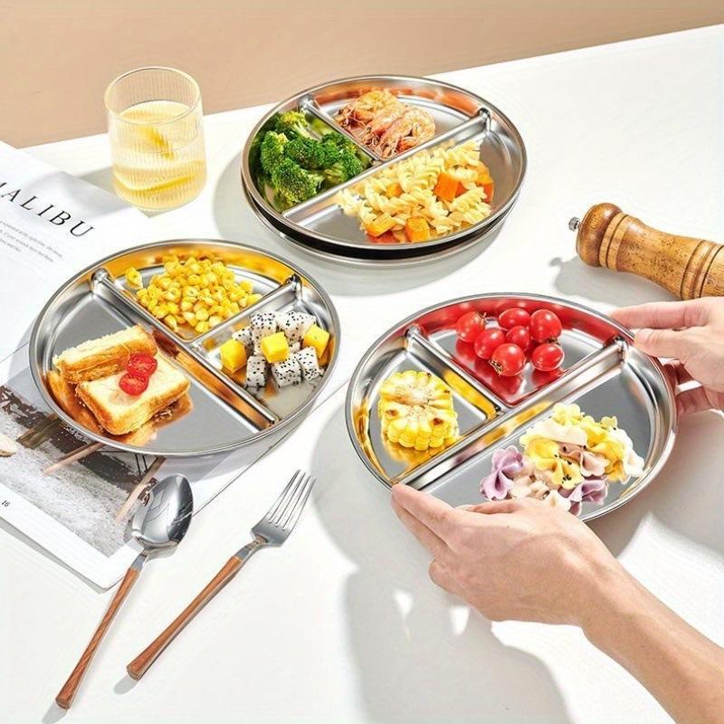 Food Grade 3 Grid Stainless Steel Dinner Plate 23CM Round 1/3Pcs Serving Tray for Commercial Restaurant Fast Food