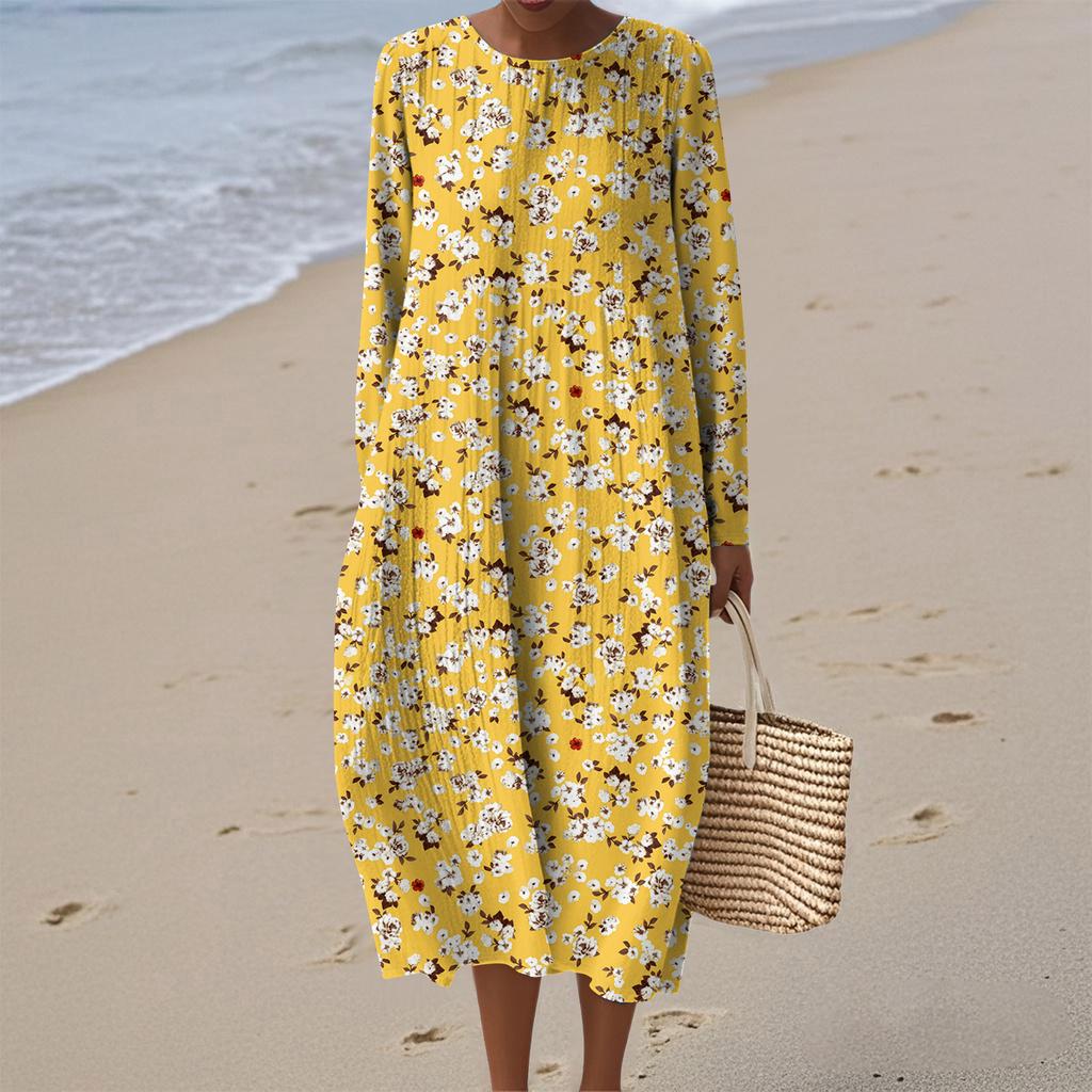 Women's Fashionable Casual Long-Sleeved Round Neck Floral Print Zipper Dress