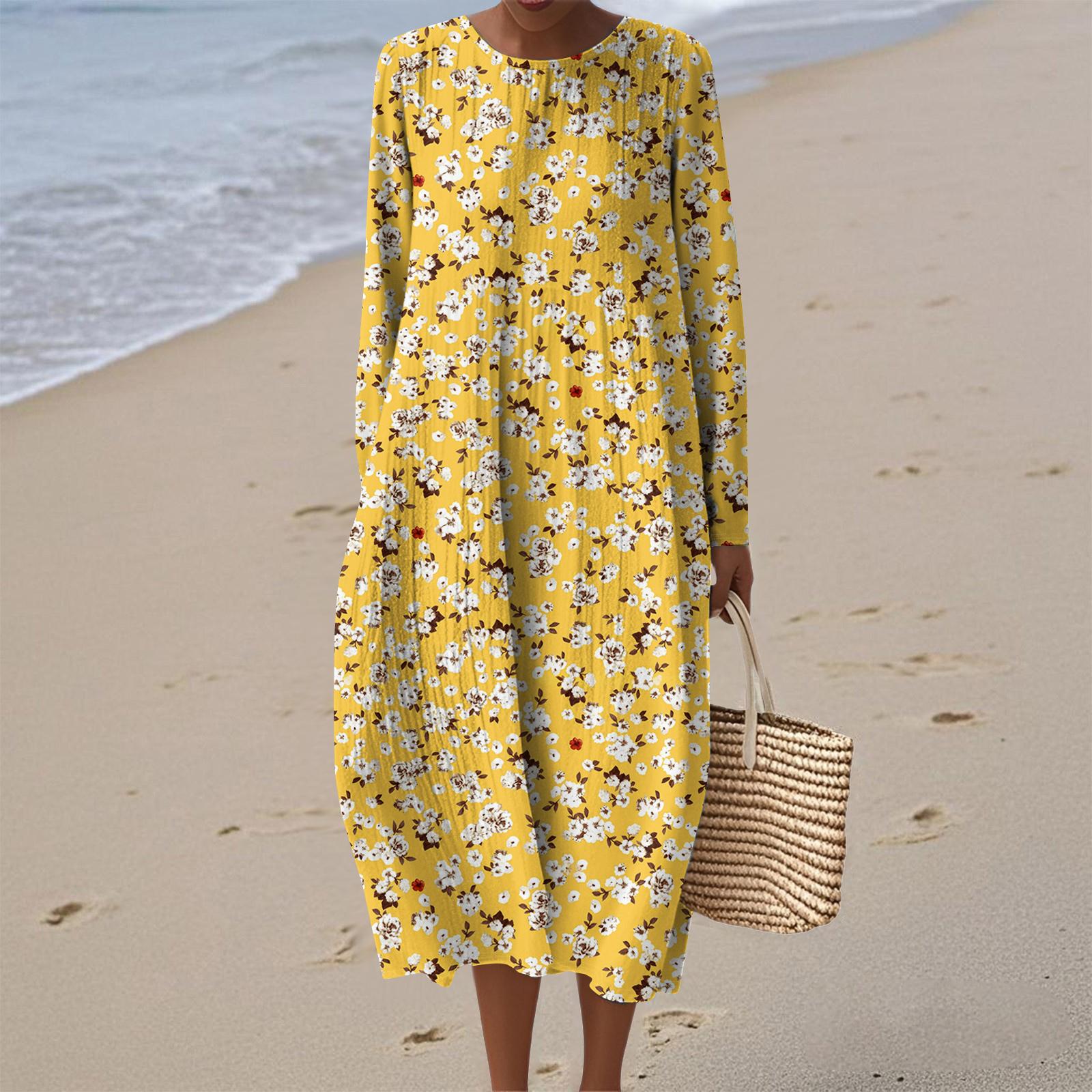 

Женское модное повседневное платье с длинными рукавами, круглым вырезом, цветочным принтом и застежкой-молнией XL жёлтый
