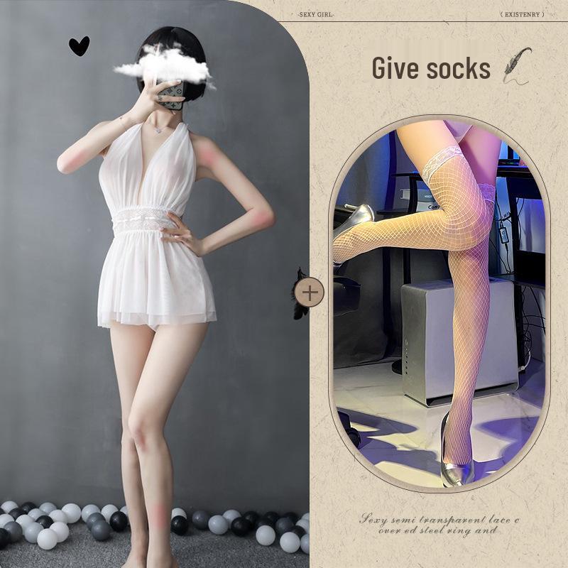 European-American Deep V Backless Mesh Halter Nightdress