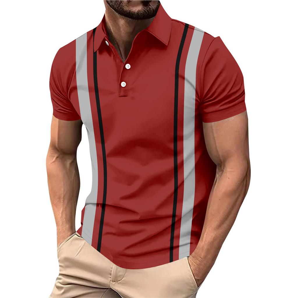 Striped Print Summer Short Sleeved Lapel Button Men's Casual Top