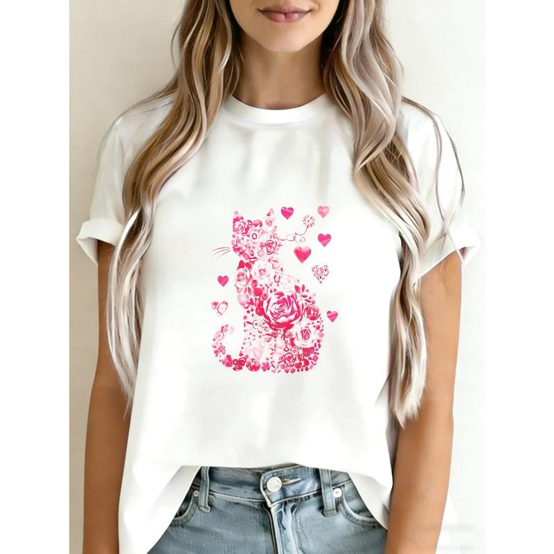 White T Shirt With Pink Cat Rose And Heart Print For Casual Wear