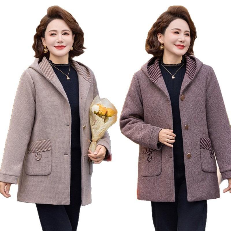 Middle-aged women's new hooded woolen coat mother winter clothing casual noble medium and long woolen coat clothing