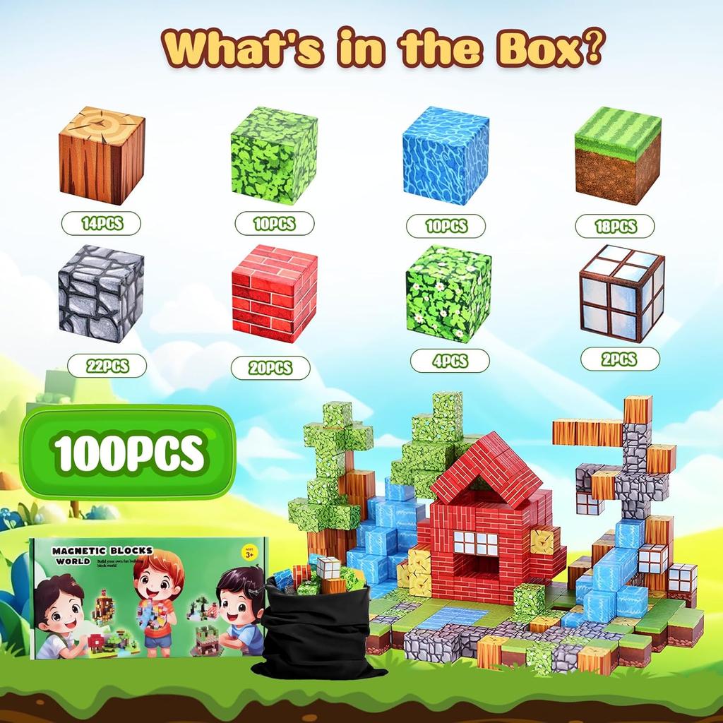 Magnetic Blocks, 100 PCS Magnetic Magic Forest Set for Boys & Girls Toys, STEM Sensory Toys for Kids Ages 3-5, 4-8, 8-12 Christmas Birthday Gifts