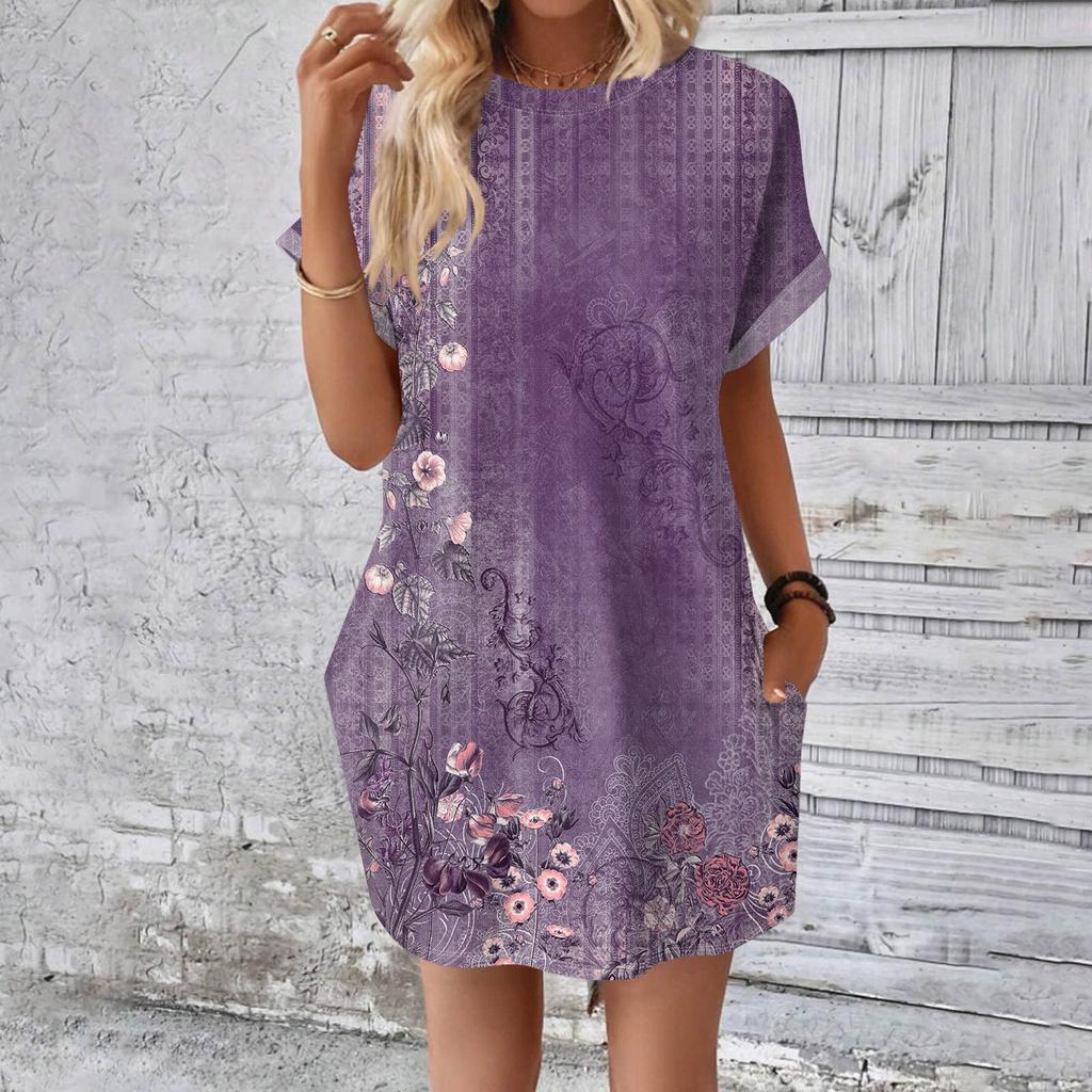 Rochie tricou lungă medie, la modă pentru femei, cu mâneci scurte, cu imprimeu de vară