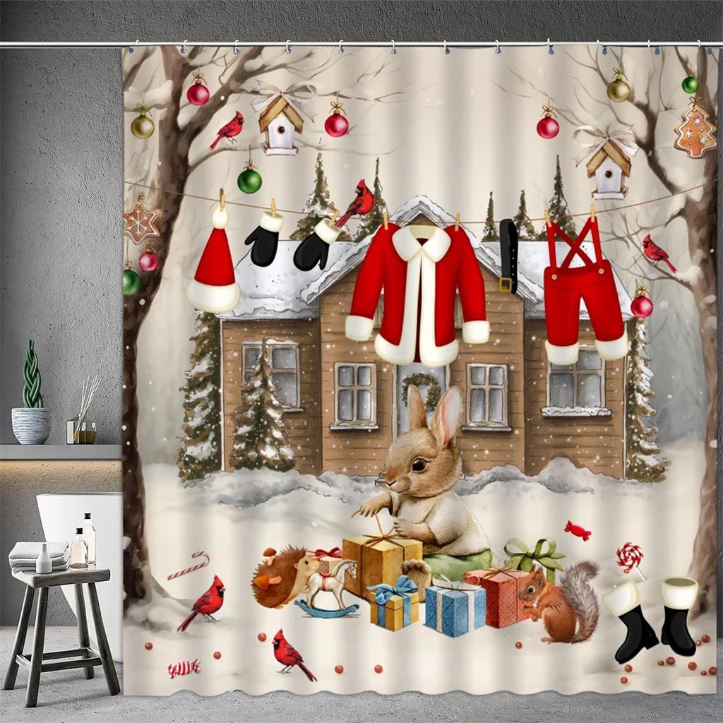 Christmas Shower Curtain, Winter Snowman Santa Claus Snowflake Gnome Farm Truck Berry Christmas Tree Cartoon Bathroom Decoration