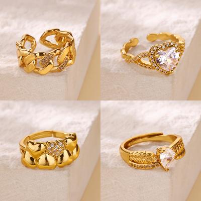 Stainless Steel Big Zircon Heart Rings Luxury Golden Anti Fading Open Ring for Women Wedding Jewelry Vacation Accessories Gifts