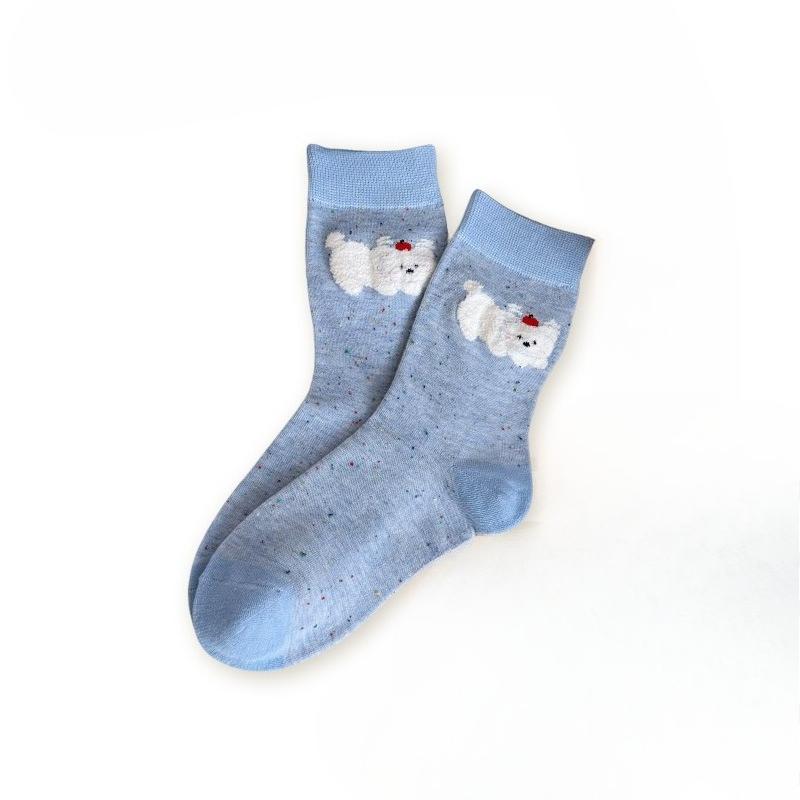 Female Spring and Summer Tie-in Color Yarn Lovely Cartoon Flock Puppy Tube Socks